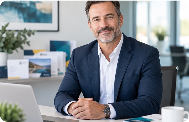 A Trinity Direct specialist at a desk with printed direct mail samples