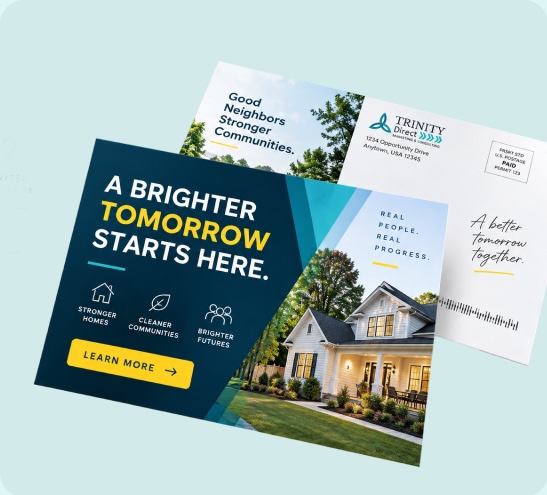 Direct mail postcard designs for a community housing campaign