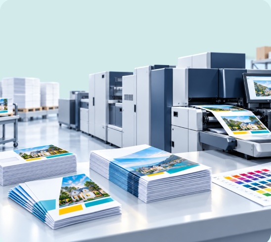 Offset press floor with stacks of freshly printed mail pieces
